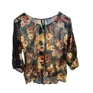 Rafaella Womens Large Floral Sheer Peasant Blouse Lace Trim Boho Top Black